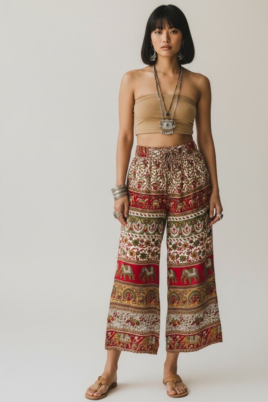 Sacred Threads Boho Hippie Elephant Print cropped Pants Festival Wide Leg